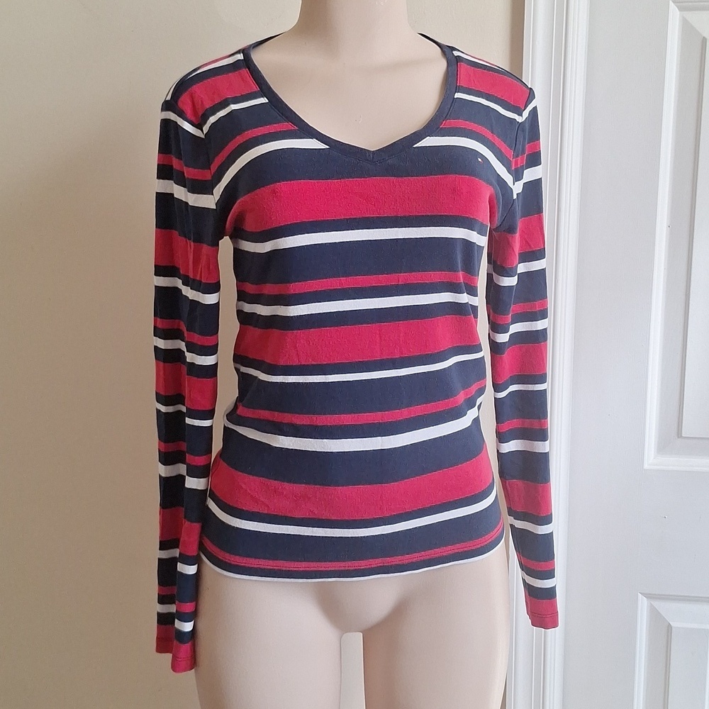Tommy Hilfiger 100% Cotton Red and Blue Striped V-Neck Long Sleeve Top Size M